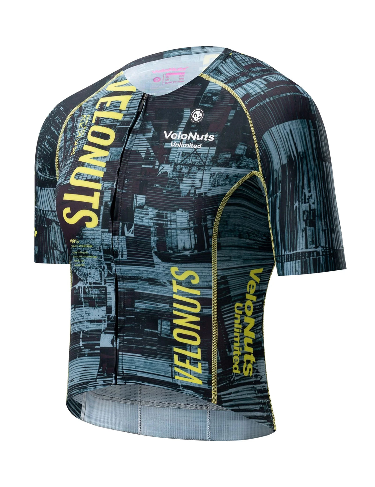 VeloNuts Women’s short sleeve cycling jersey with a tire-track print, breathable side panels and three rear pockets.