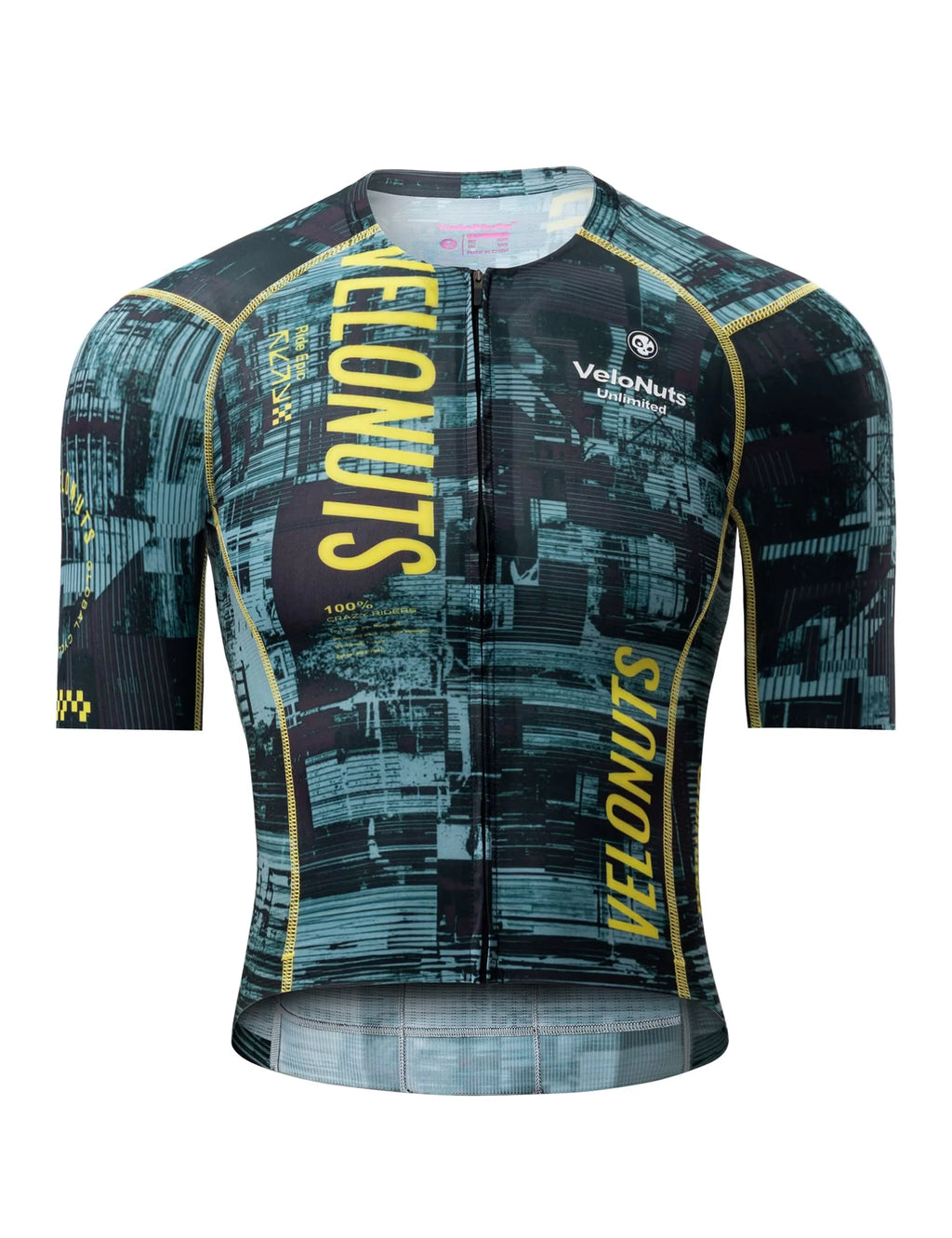 VeloNuts Women’s short sleeve cycling jersey with a tire-track print, breathable side panels and three rear pockets.
