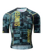 VeloNuts Women’s short sleeve cycling jersey with a tire-track print, breathable side panels and three rear pockets.