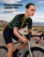 VeloNuts Women’s short sleeve cycling jersey with a tire-track print, breathable side panels and three rear pockets.
