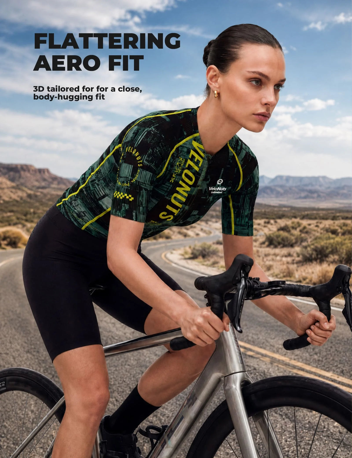 VeloNuts Women’s short sleeve cycling jersey with a tire-track print, breathable side panels and three rear pockets.
