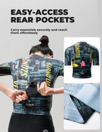 VeloNuts Women’s short sleeve cycling jersey with a tire-track print, breathable side panels and three rear pockets.