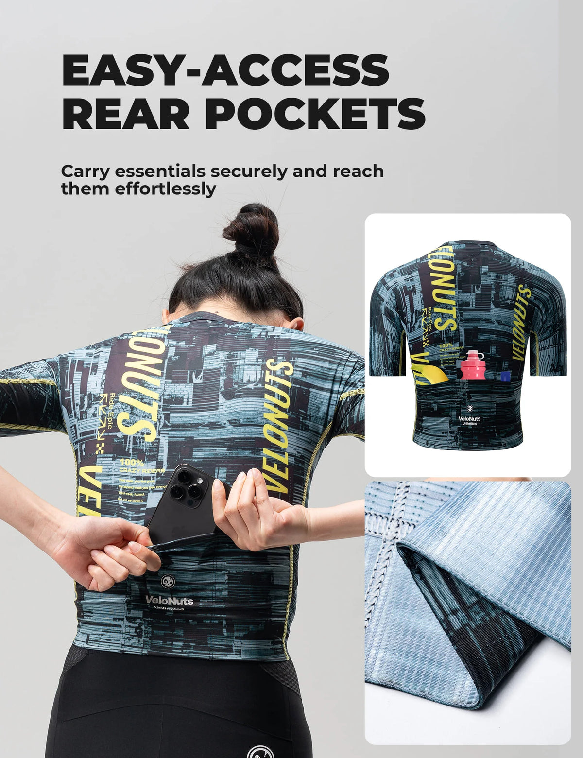 VeloNuts Women’s short sleeve cycling jersey with a tire-track print, breathable side panels and three rear pockets.