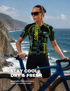 VeloNuts Women’s short sleeve cycling jersey with a tire-track print, breathable side panels and three rear pockets.