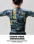 VeloNuts Women’s short sleeve cycling jersey with a tire-track print, breathable side panels and three rear pockets.