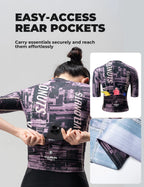 VeloNuts Women’s Short Sleeve Cycling Jersey with a Tire-Track Print, Breathable Side Panels and Rear Pockets.