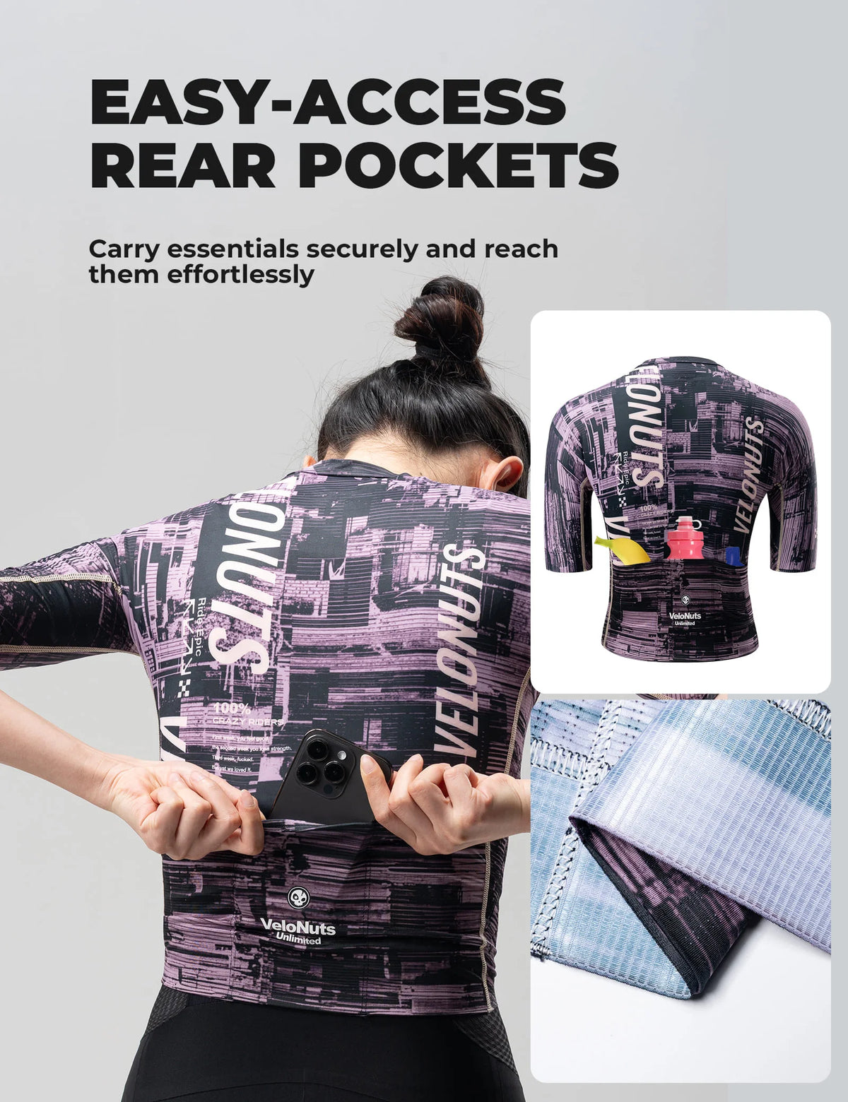 VeloNuts Women’s Short Sleeve Cycling Jersey with a Tire-Track Print, Breathable Side Panels and Rear Pockets.