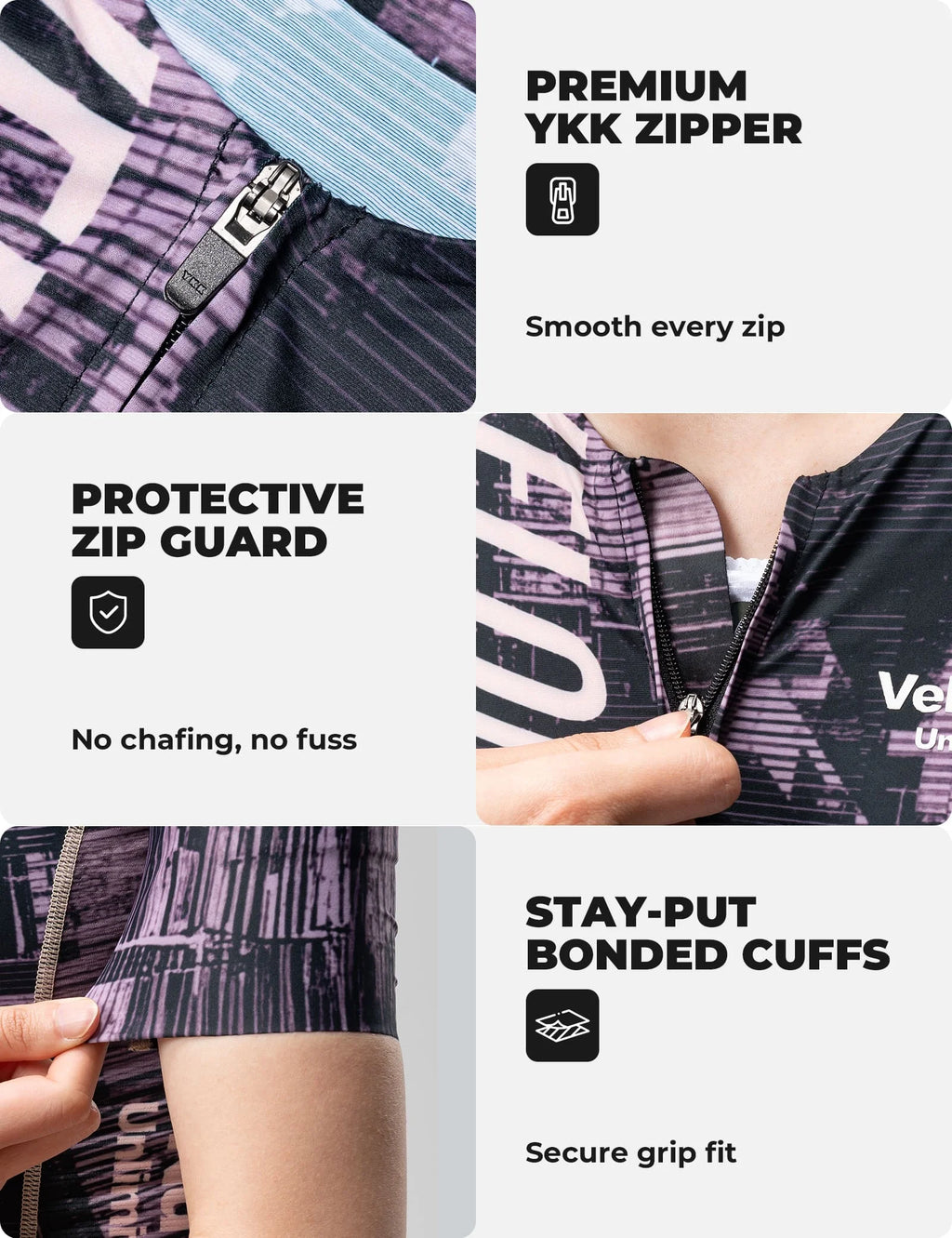 VeloNuts Women’s Short Sleeve Cycling Jersey with a Tire-Track Print, Breathable Side Panels and Rear Pockets.