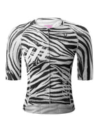 VeloNuts Women’s short sleeve cycling jersey with a zebra-inspired print, breathable side panels and three rear pockets.

