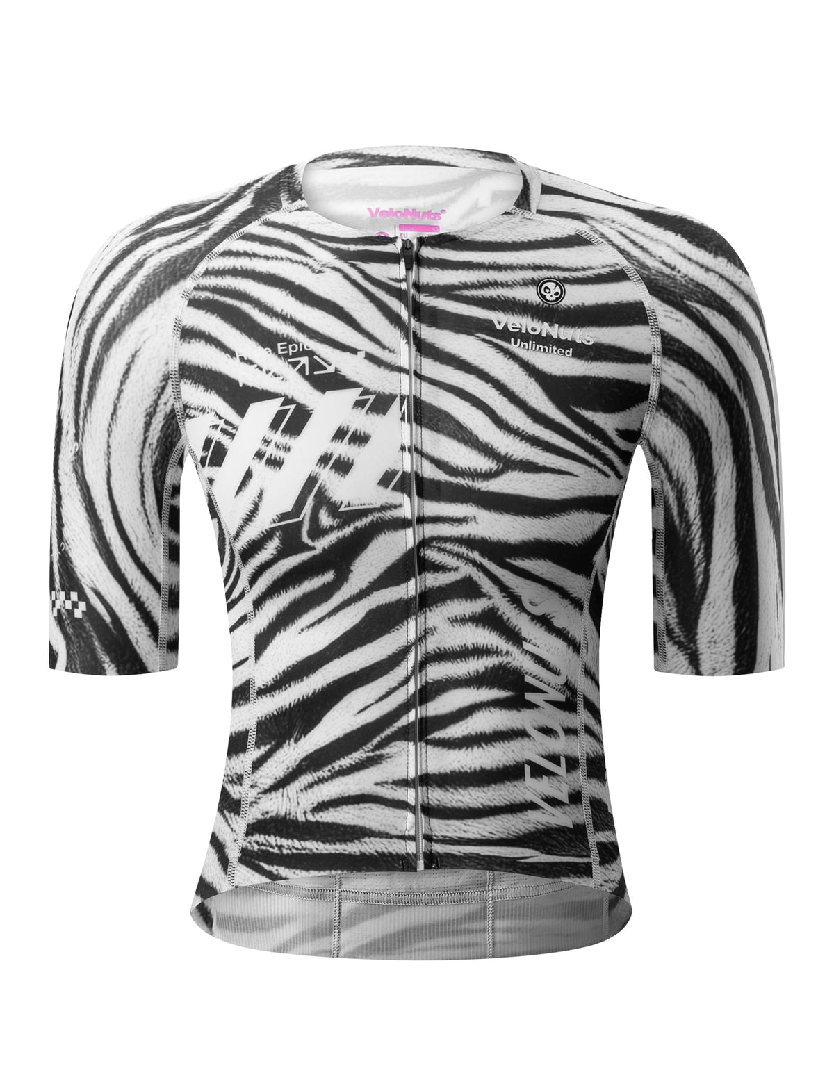 VeloNuts Women’s short sleeve cycling jersey with a zebra-inspired print, breathable side panels and three rear pockets.
