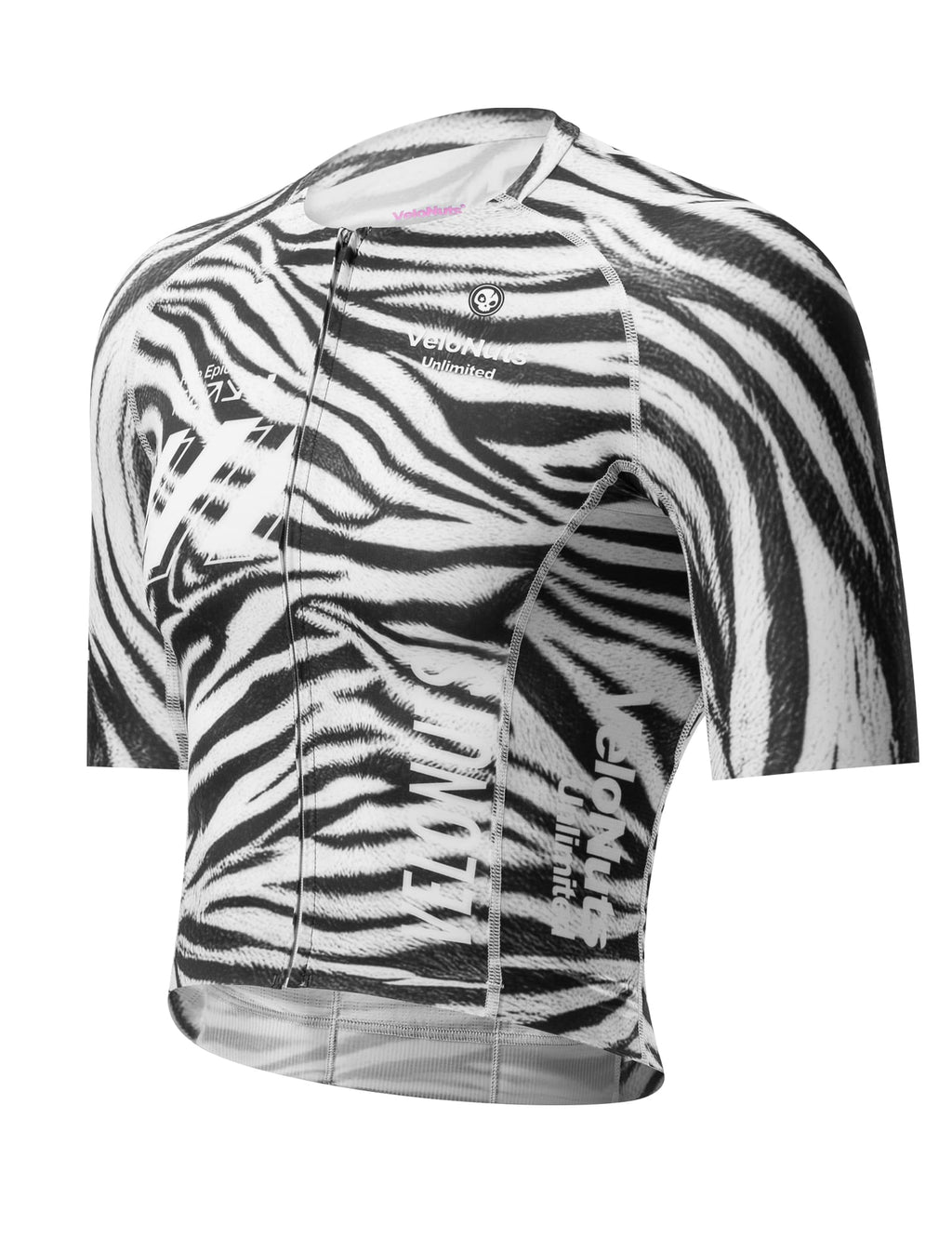 VeloNuts Women’s short sleeve cycling jersey with a zebra-inspired print, breathable side panels and three rear pockets.
