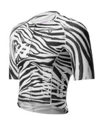 VeloNuts Women’s short sleeve cycling jersey with a zebra-inspired print, breathable side panels and three rear pockets.
