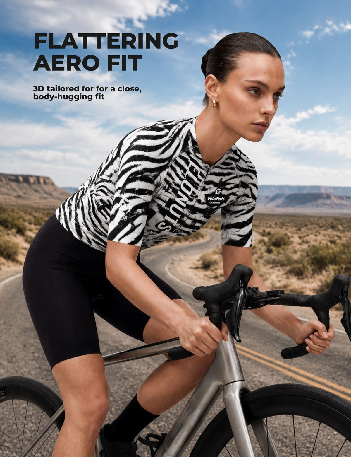 VeloNuts Women’s short sleeve cycling jersey with a zebra-inspired print, breathable side panels and three rear pockets.
