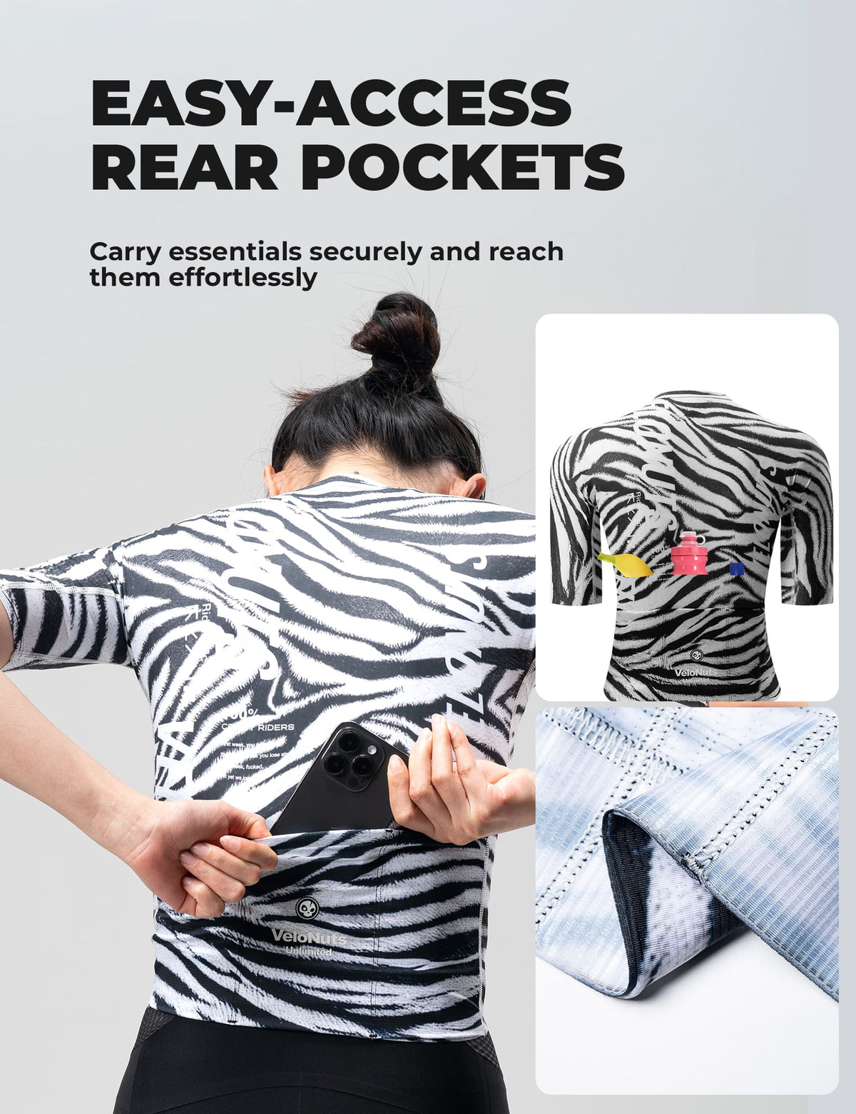 VeloNuts Women’s short sleeve cycling jersey with a zebra-inspired print, breathable side panels and three rear pockets.
