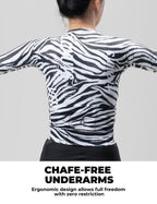 VeloNuts Women’s short sleeve cycling jersey with a zebra-inspired print, breathable side panels and three rear pockets.
