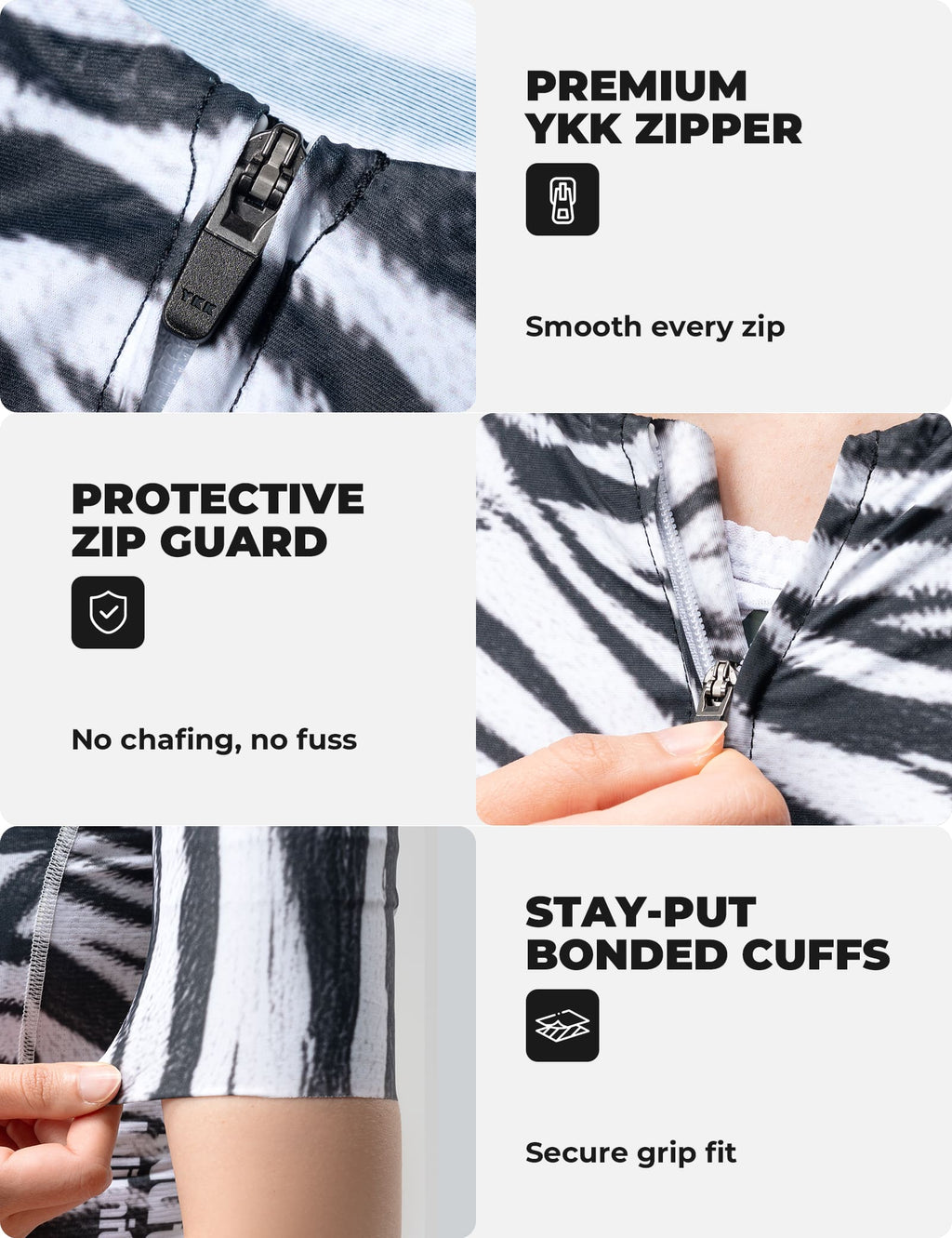 VeloNuts Women’s short sleeve cycling jersey with a zebra-inspired print, breathable side panels and three rear pockets.
