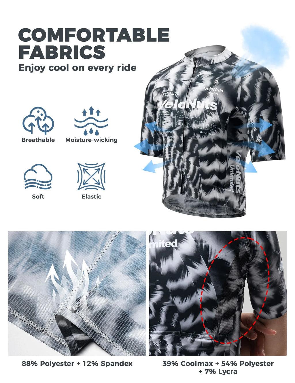 VeloNuts Women’s Short Sleeve Cycling Jersey with a Feather-Inspired Print, Breathable Mesh Panels and Three Rear Pockets