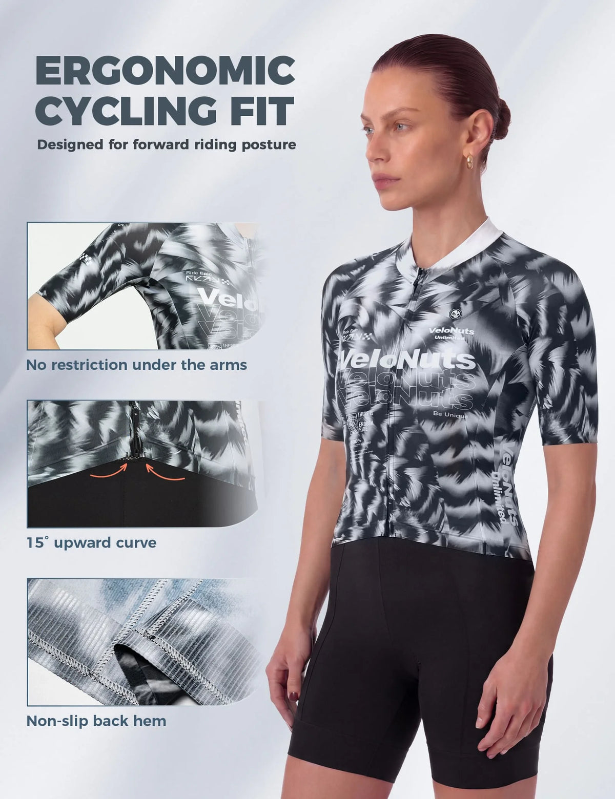 VeloNuts Women’s Short Sleeve Cycling Jersey with a Feather-Inspired Print, Breathable Mesh Panels and Three Rear Pockets