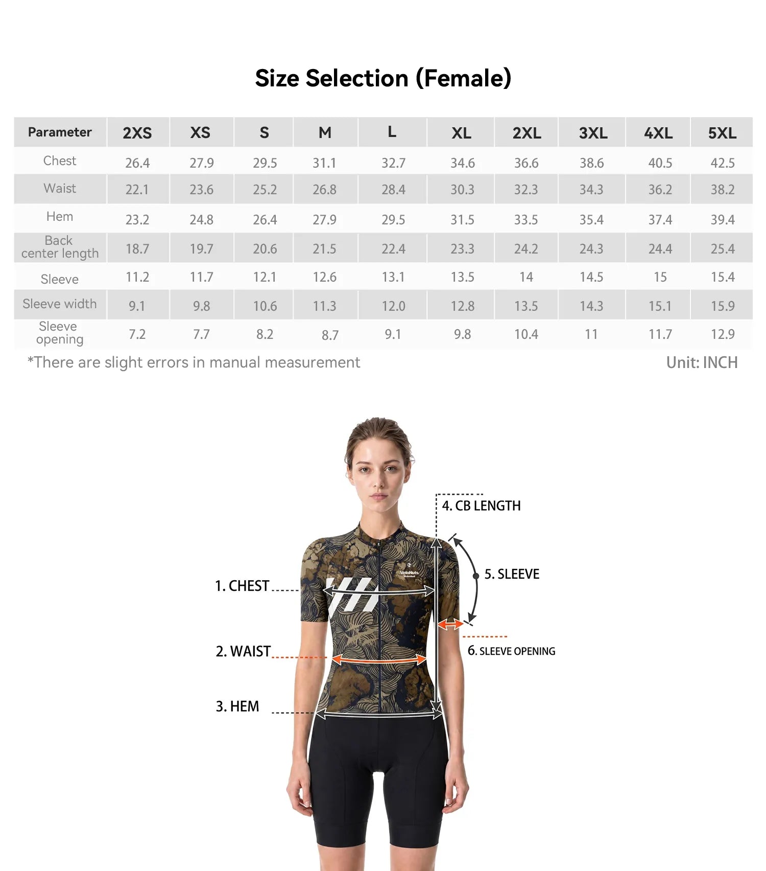 VeloNuts Women's Cycling Jersey Size Chart and Measurement Guide